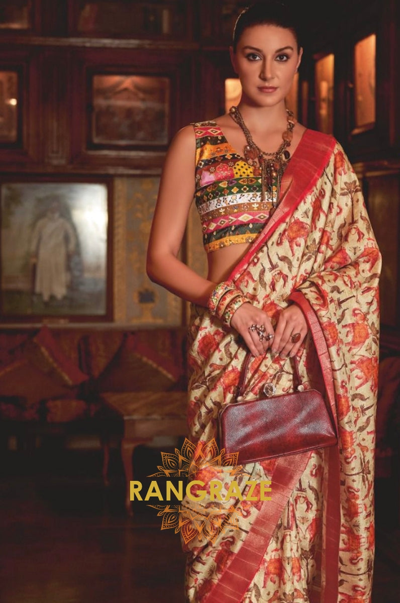 Pink Beige Multi Shade Kotha Zari Printed Saree