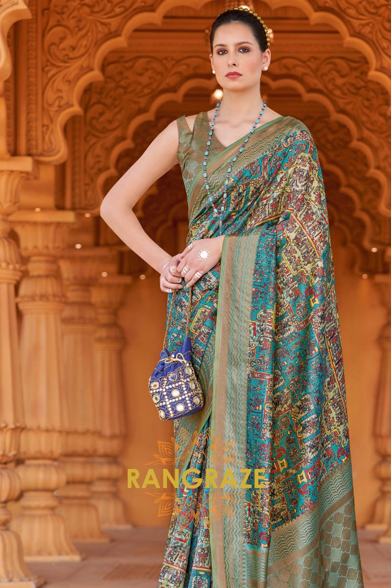 Turquoise Blue Bamboo Silk Weaving Printed Saree