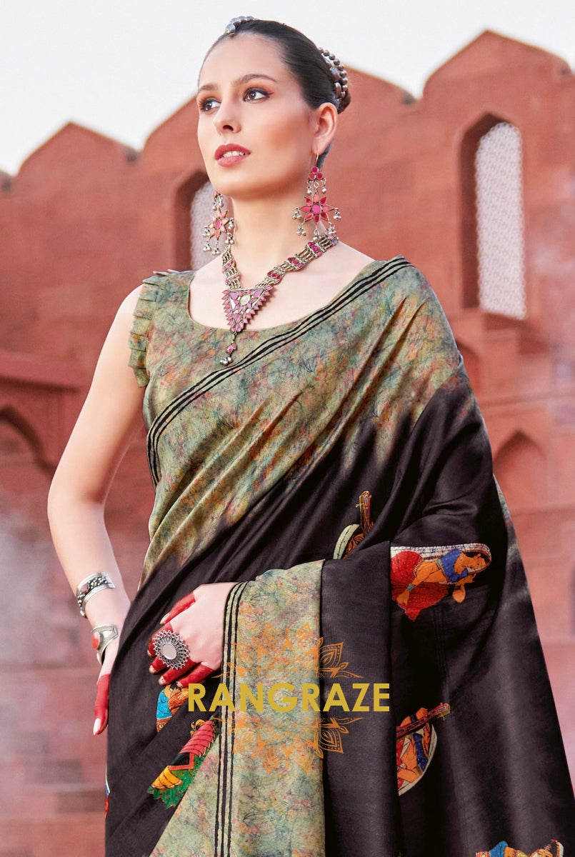 Black Tusser Silk Multi Shade Printed Saree