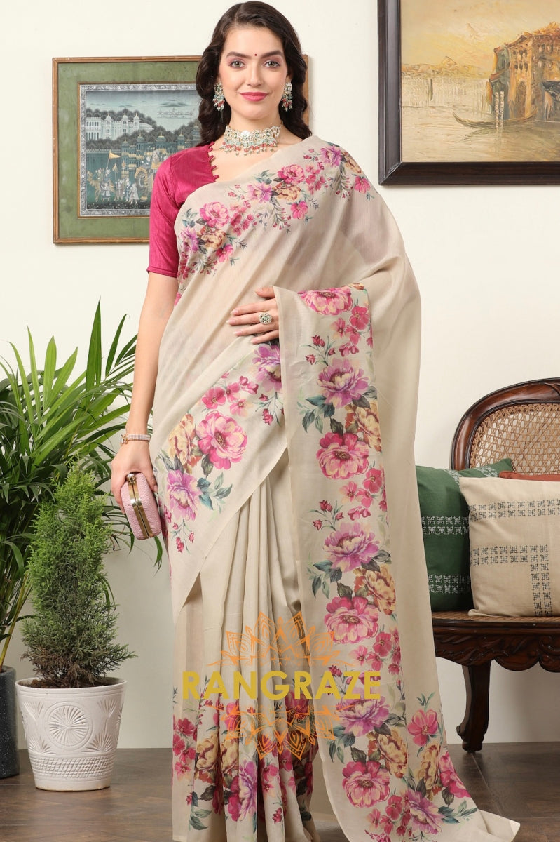 Royal Pink Ivory Cream Kota Chanderi Floral Printed Saree