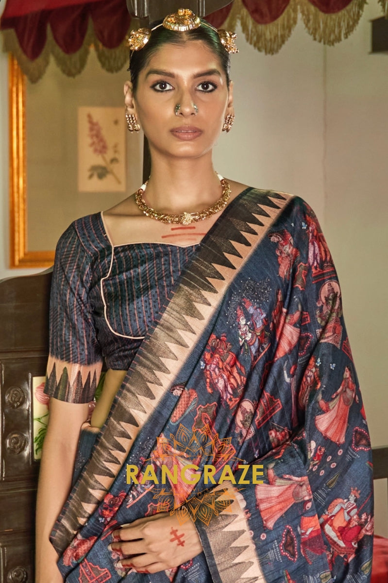 Navy Blue Printed Designer Silk Saree