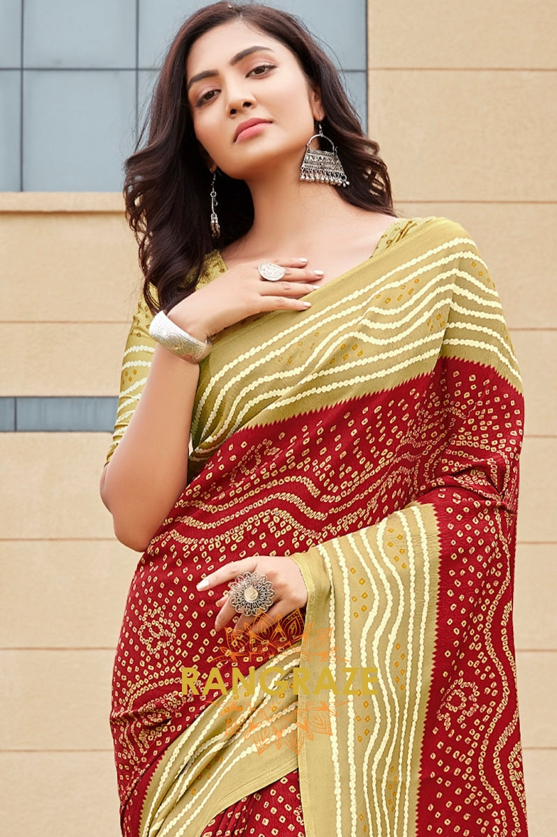 Golden Red Royal Bandhej Print Gajji Silk Saree