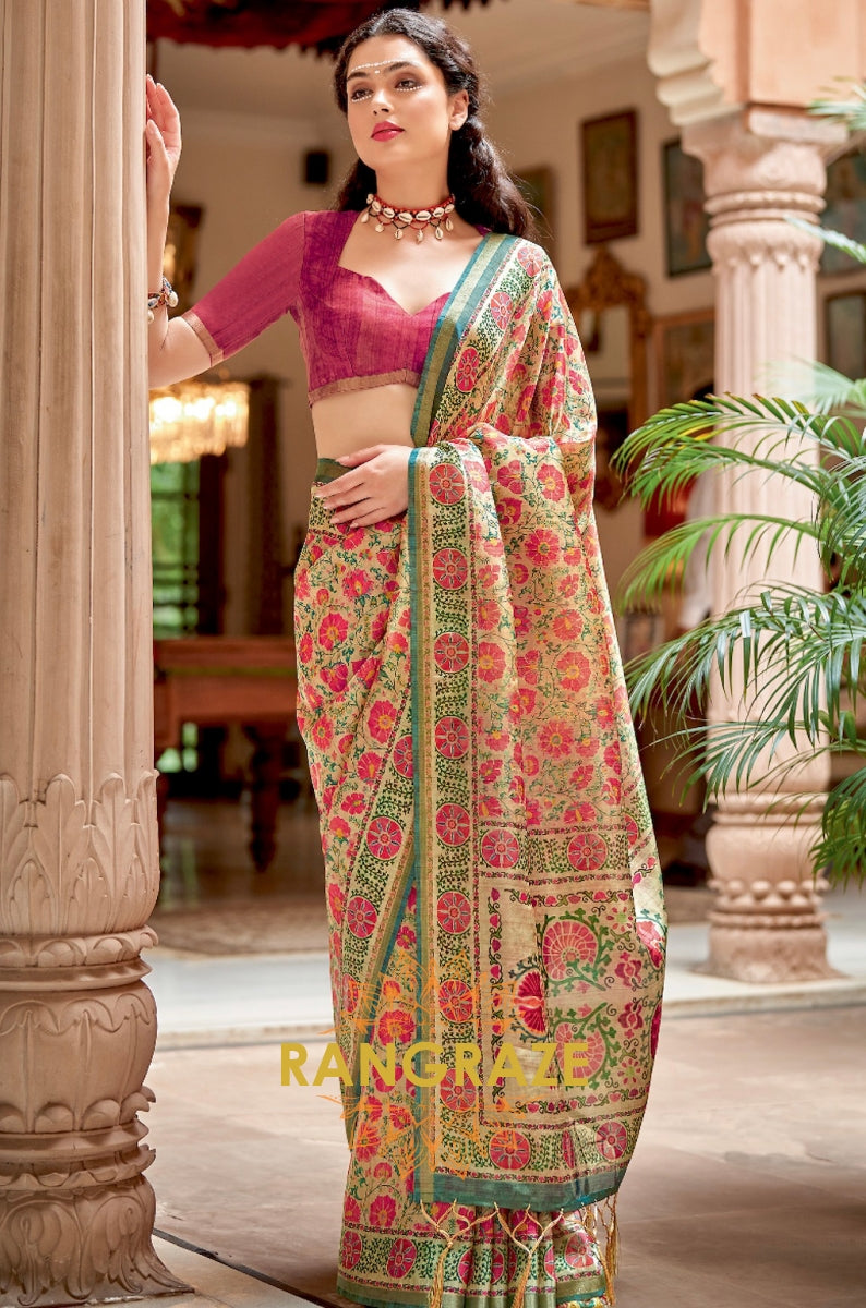 Imperial Beige Magenta Pure Banarasi Zari Silk Printed Saree