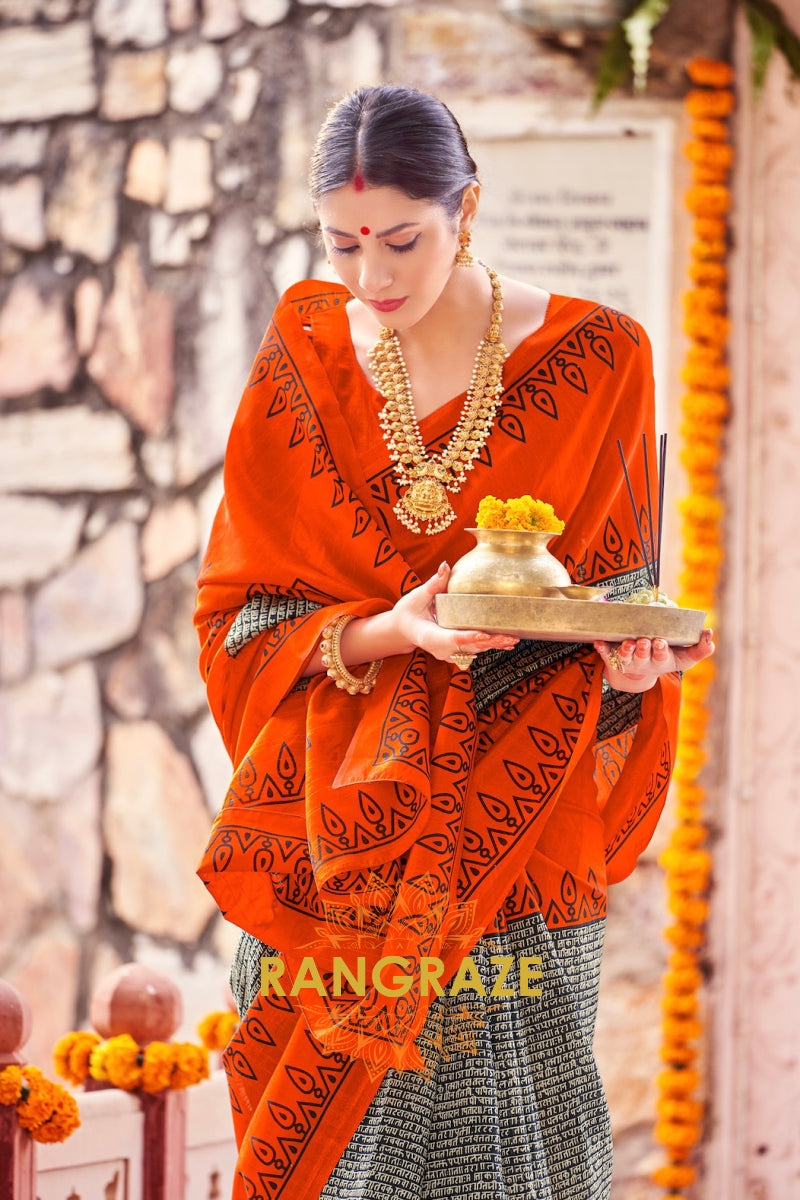 Ethereal Orange Bhagalpuri Silk Printed Saree