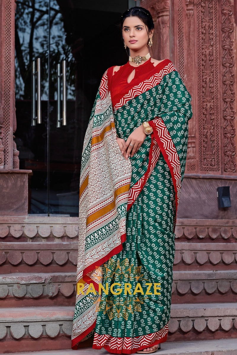 Luxurious Green Bhagalpuri Silk Printed Saree