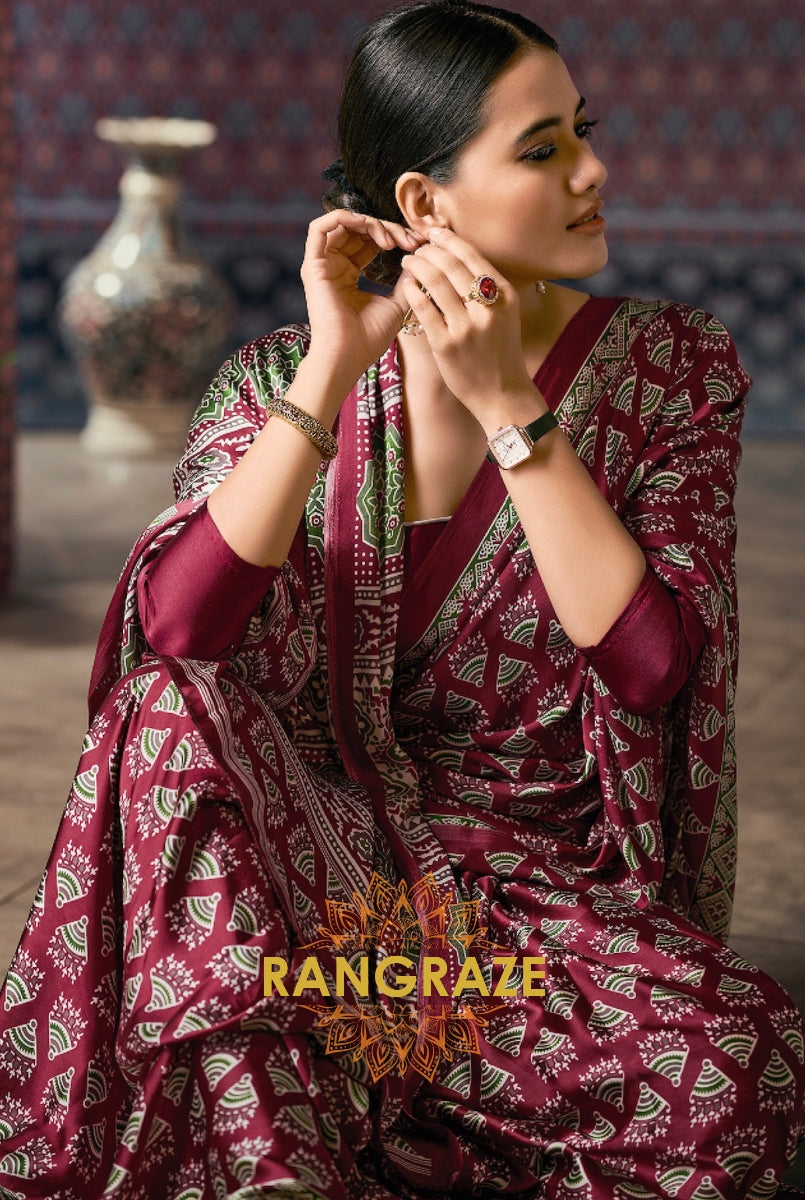 Majestic Maroon Satin Silk Ajrakh Print Saree