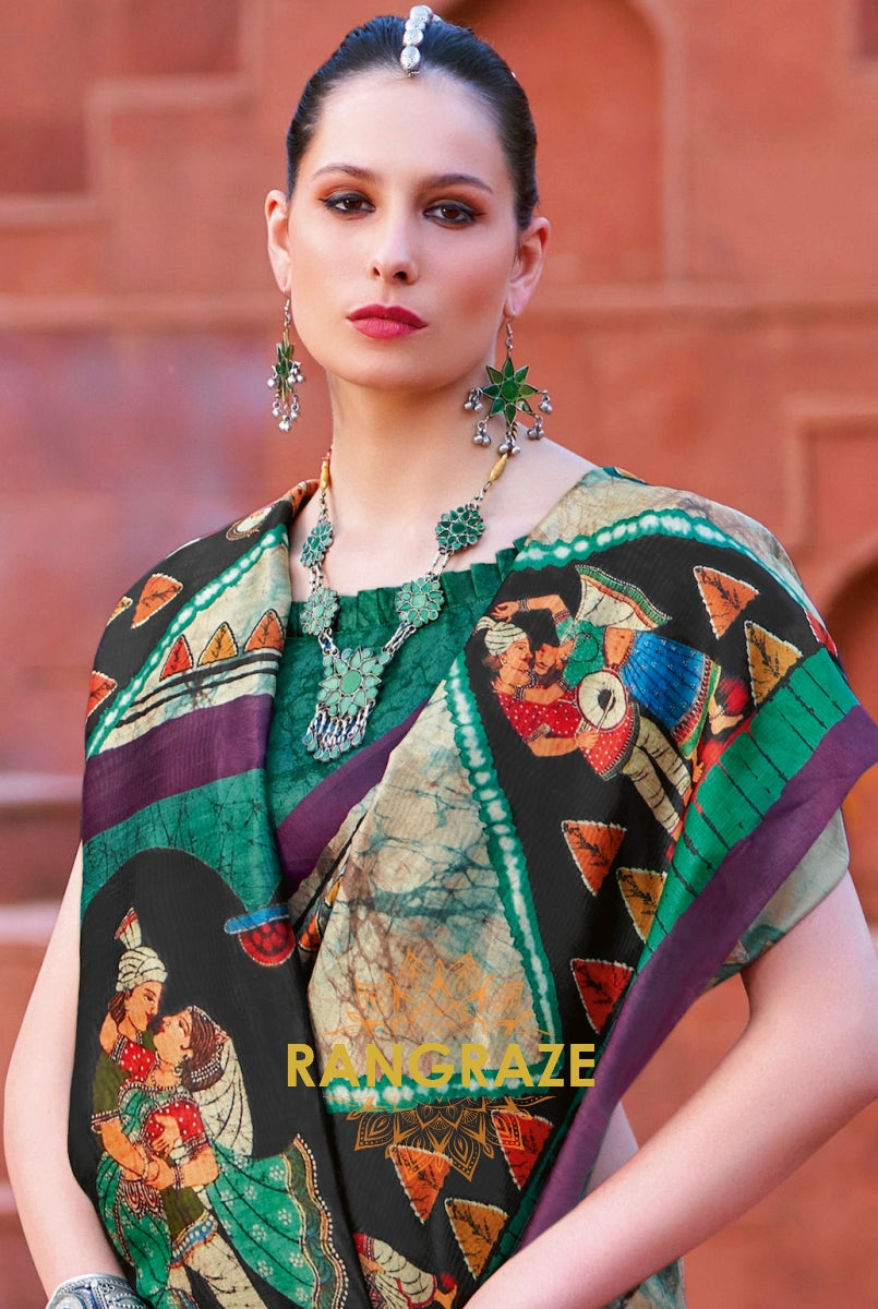 Turquoise Green Tusser Silk Multi Shade Printed Saree