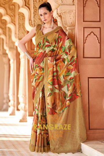 Golden Pink Cotton Satin Silk Printed Saree