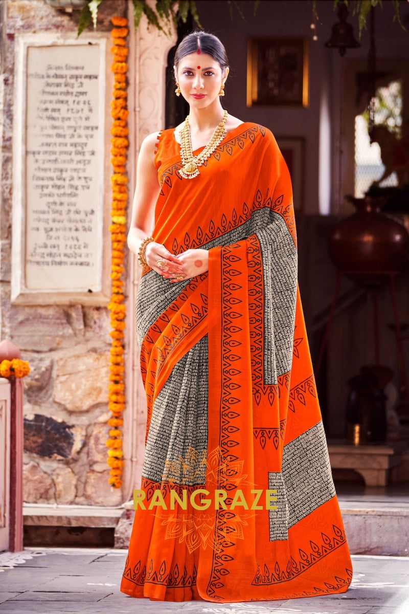 Ethereal Orange Bhagalpuri Silk Printed Saree