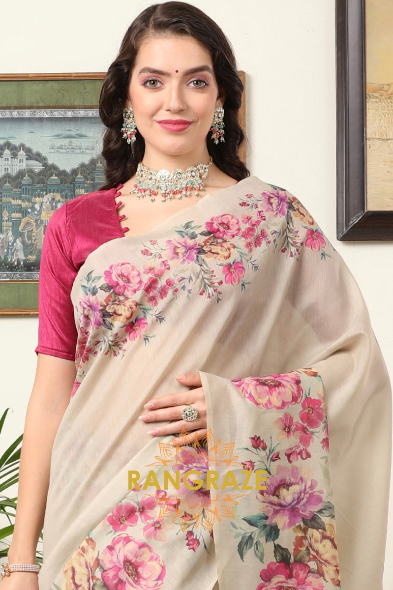 Royal Pink Ivory Cream Kota Chanderi Floral Printed Saree