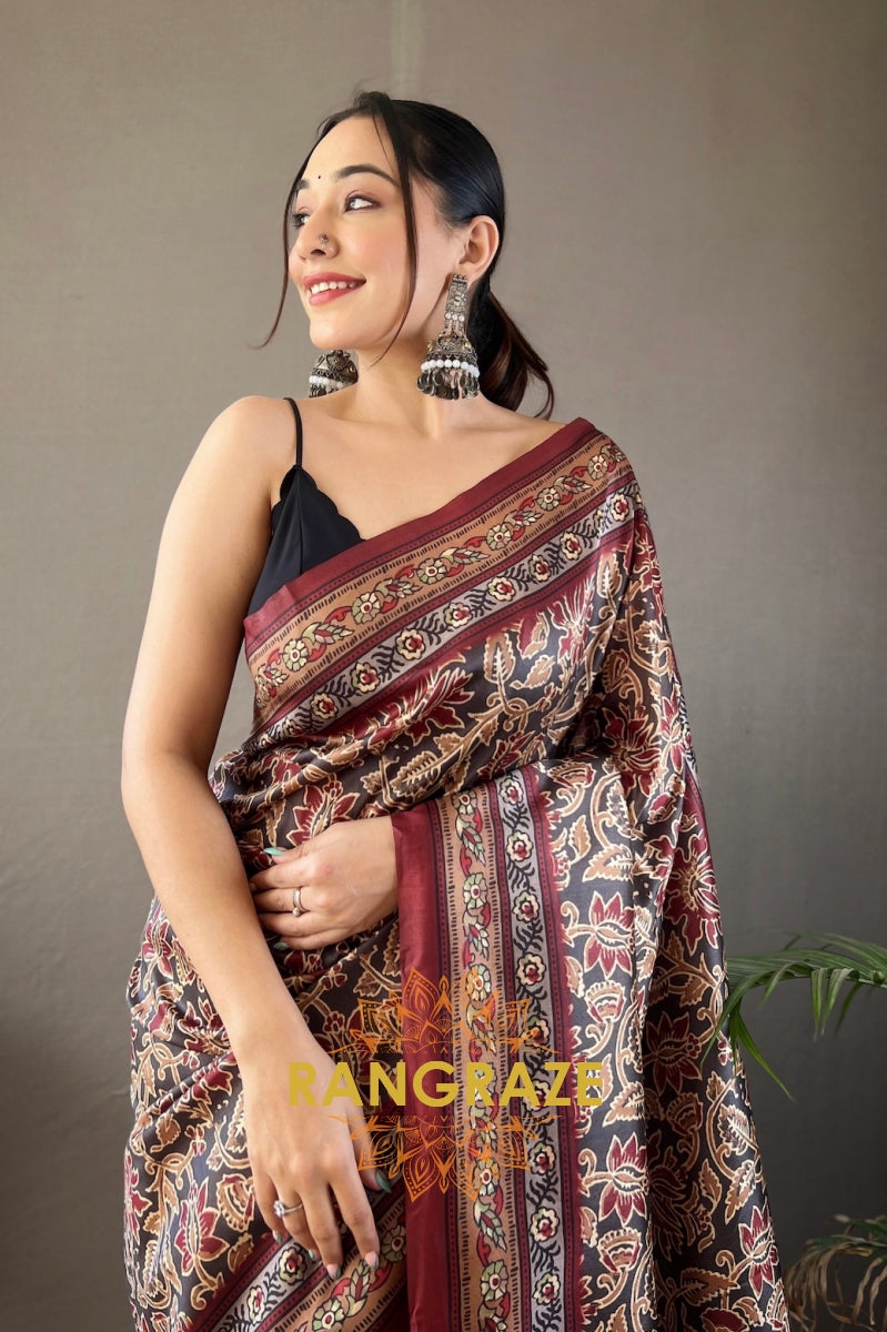 Royal Brown Floral Digital Print Saree