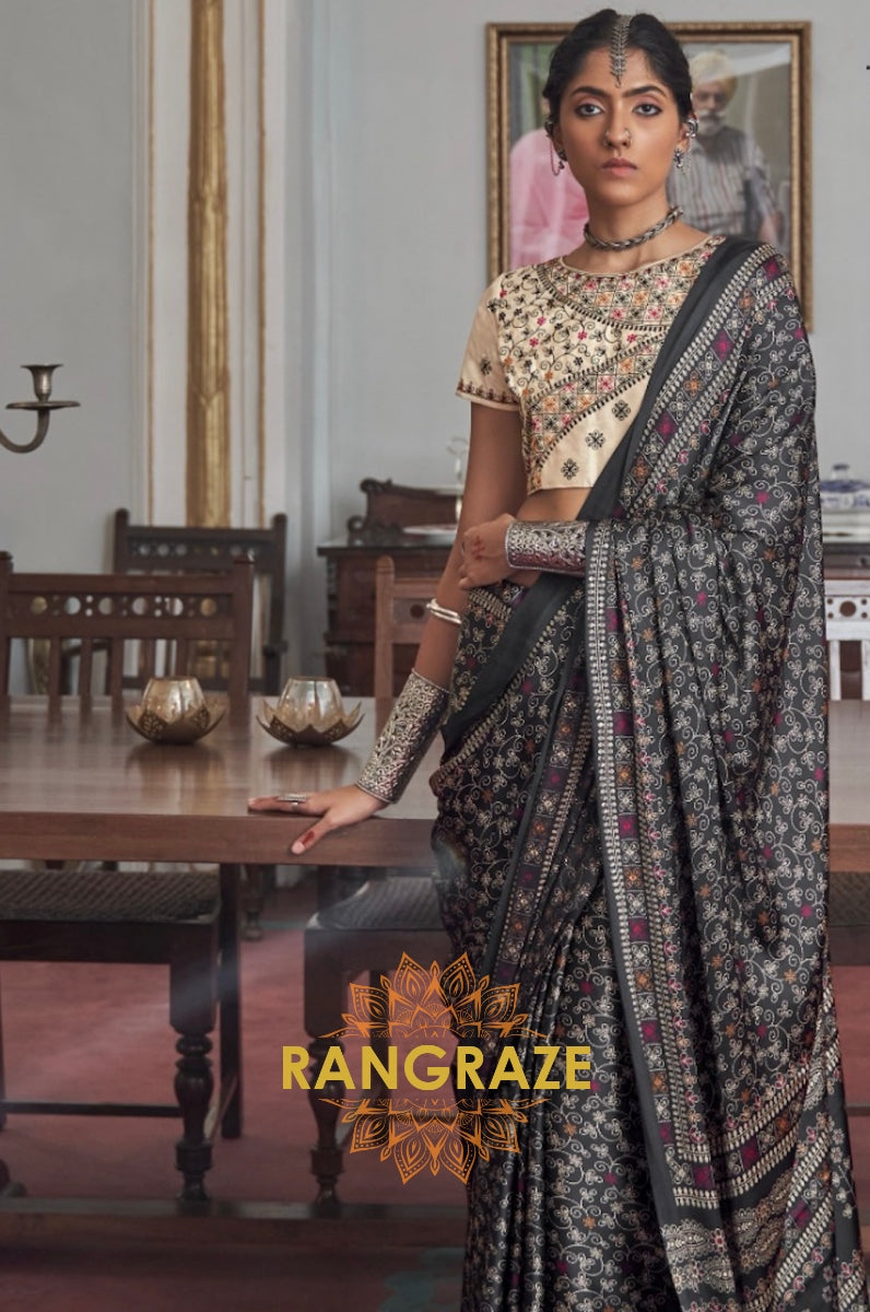 Royal Black Gajji Silk Printed Designer Saree