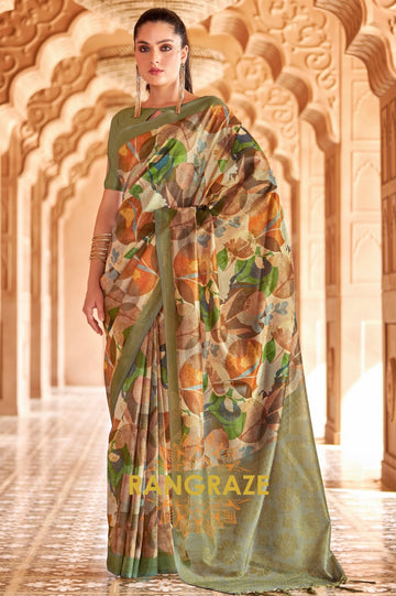 Green Brown Cotton Satin Silk Printed Saree