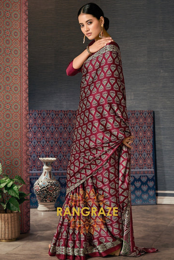 Majestic Maroon Satin Silk Ajrakh Print Saree