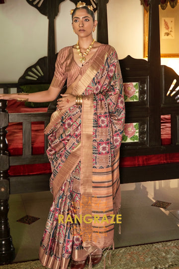 Rich Brown Printed Designer Silk Saree