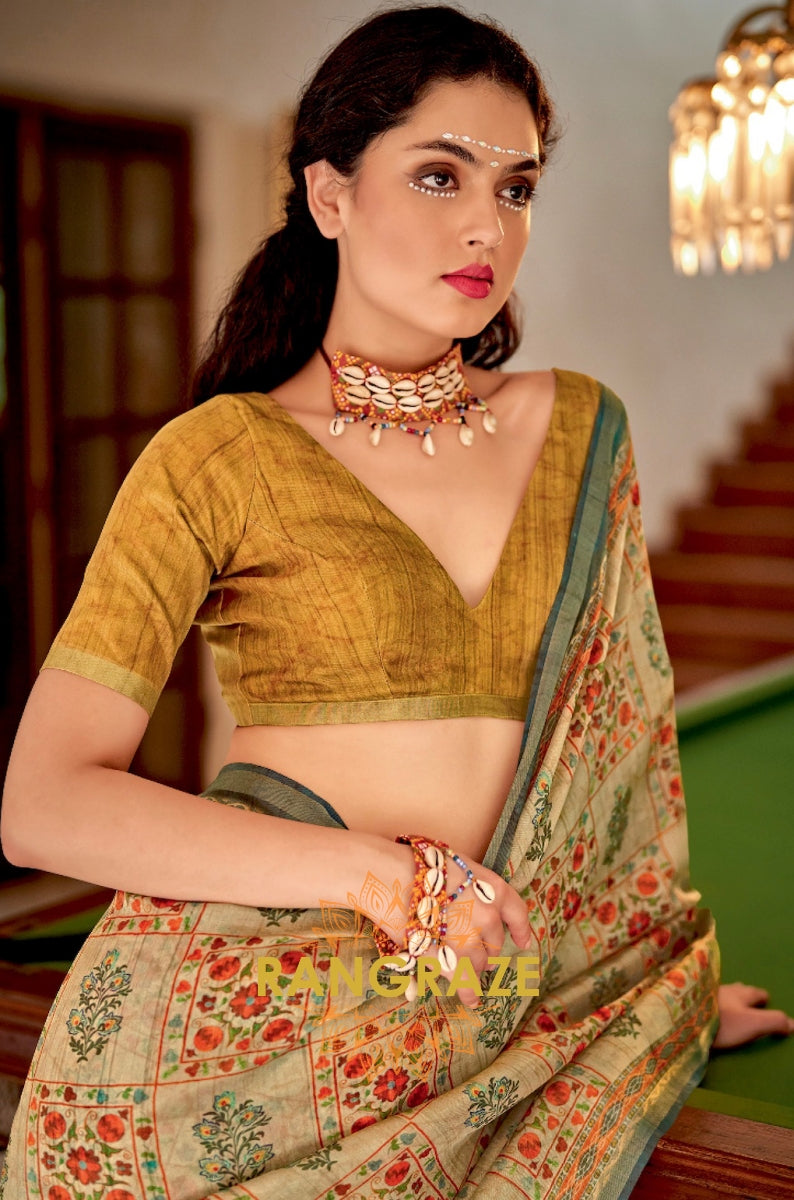 Imperial Beige Yellow Pure Banarasi Zari Silk Printed Saree