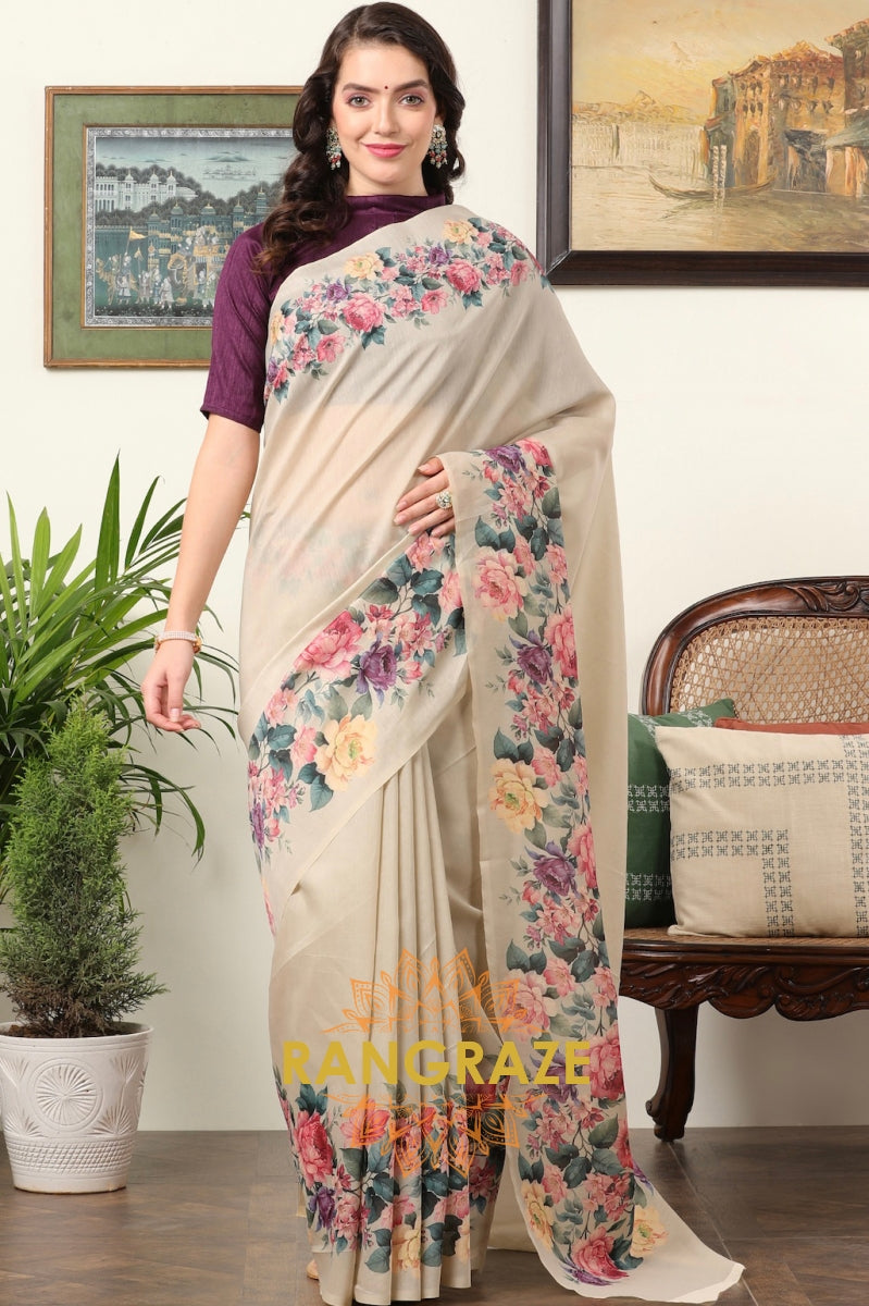 Purple Ivory Cream Kota Chanderi Floral Printed Saree