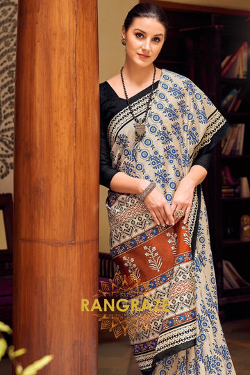 Elegant Beige White Bhagalpuri Silk Printed Saree