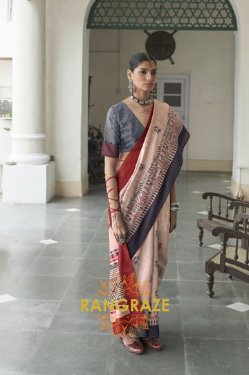 Pearl Pink Designer Saree With Knitted Embroidery Work