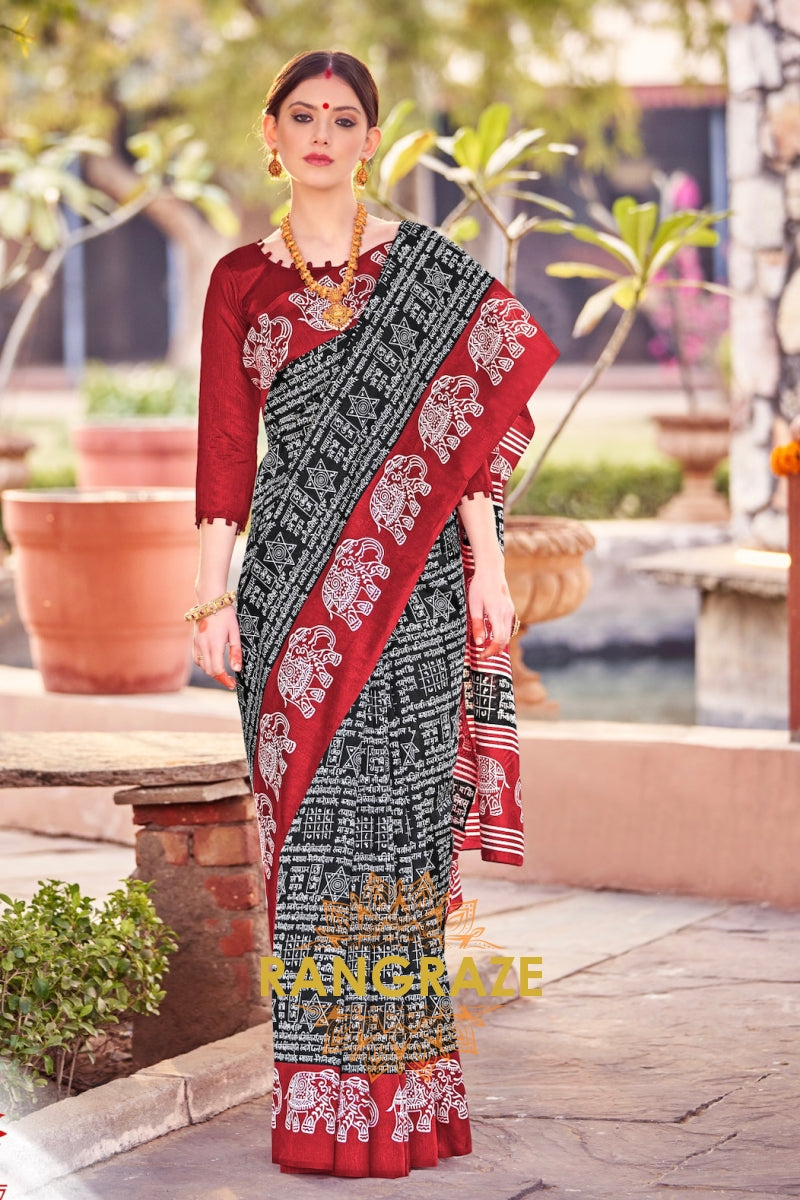 Ethereal Maroon Black Bhagalpuri Silk Printed Saree