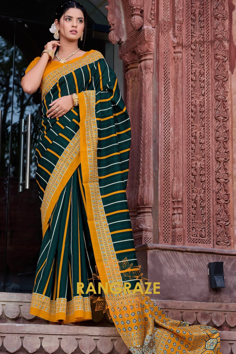 Luxurious Green Yellow Bhagalpuri Silk Printed Saree