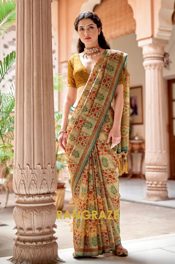 Imperial Beige Yellow Pure Banarasi Zari Silk Printed Saree