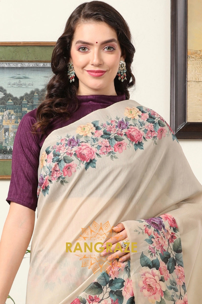 Purple Ivory Cream Kota Chanderi Floral Printed Saree