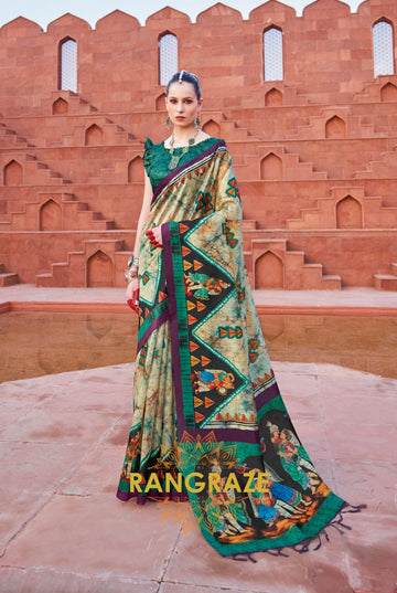 Turquoise Green Tusser Silk Multi Shade Printed Saree