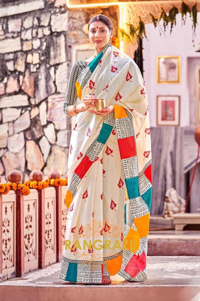 Ethereal White Bhagalpuri Silk Printed Saree