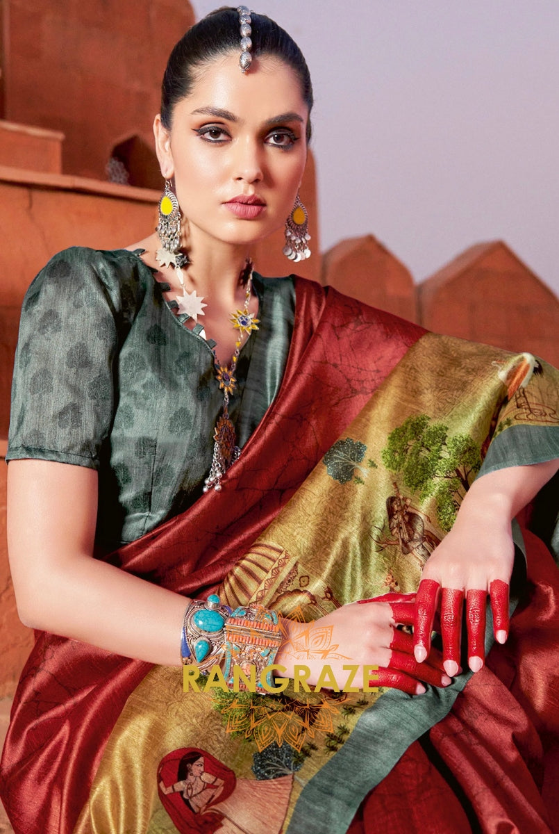 Red Tusser Silk Multi Shade Printed Saree