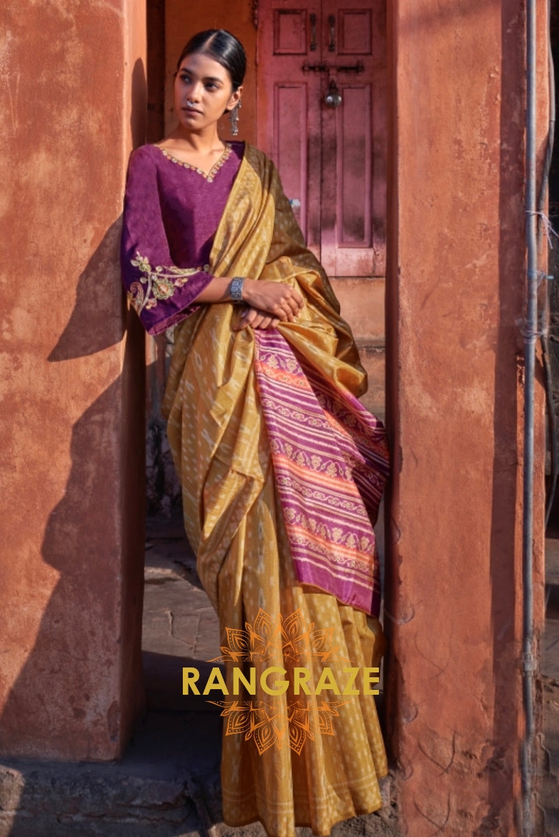 Golden Designer Saree With Pink City Theme