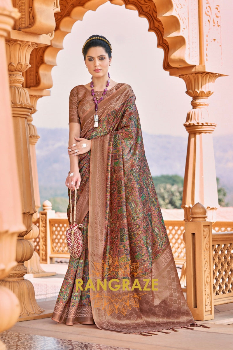 Metal Brown Bamboo Silk Weaving Printed Saree