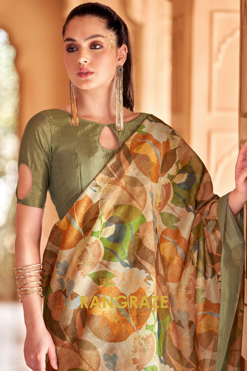 Green Brown Cotton Satin Silk Printed Saree