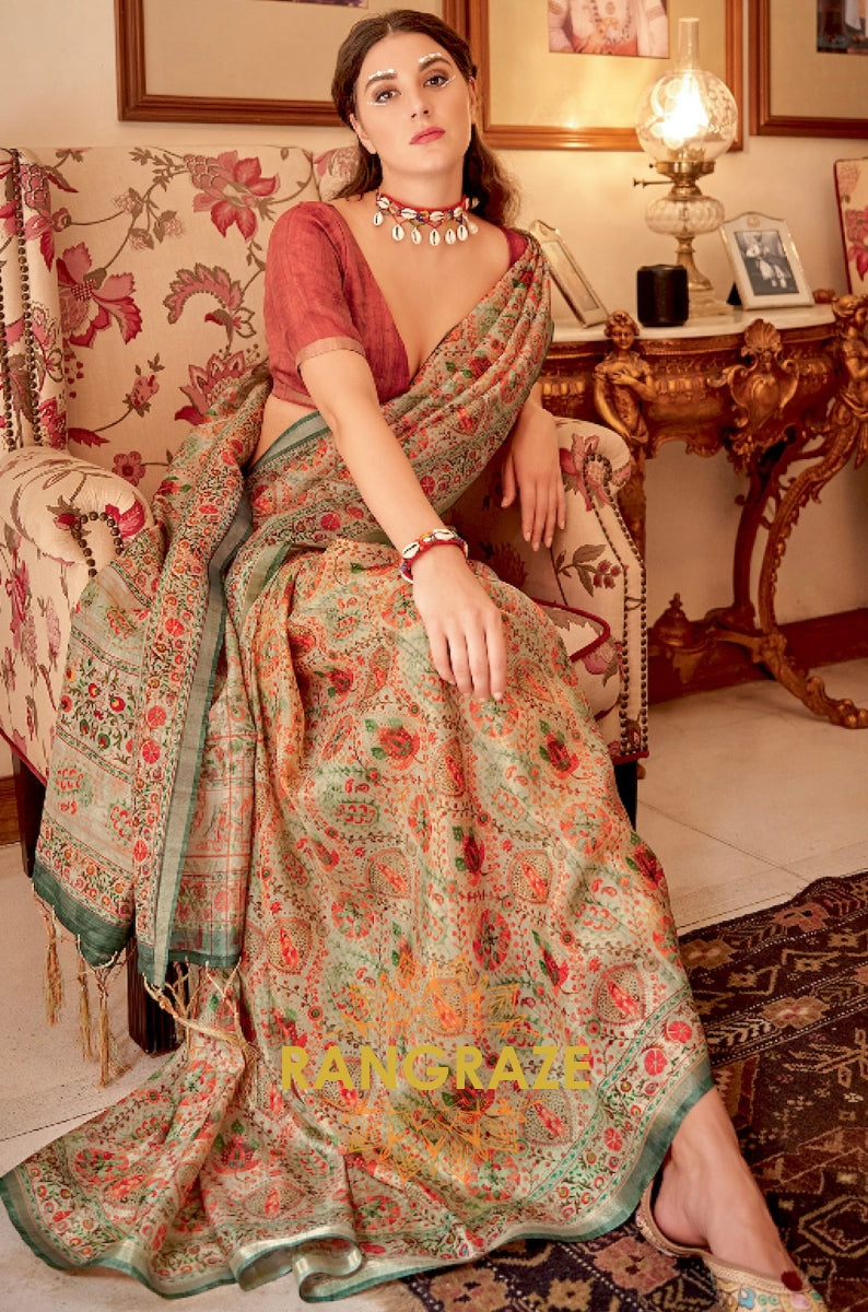 Imperial Beige Brown Pure Banarasi Zari Silk Printed Saree