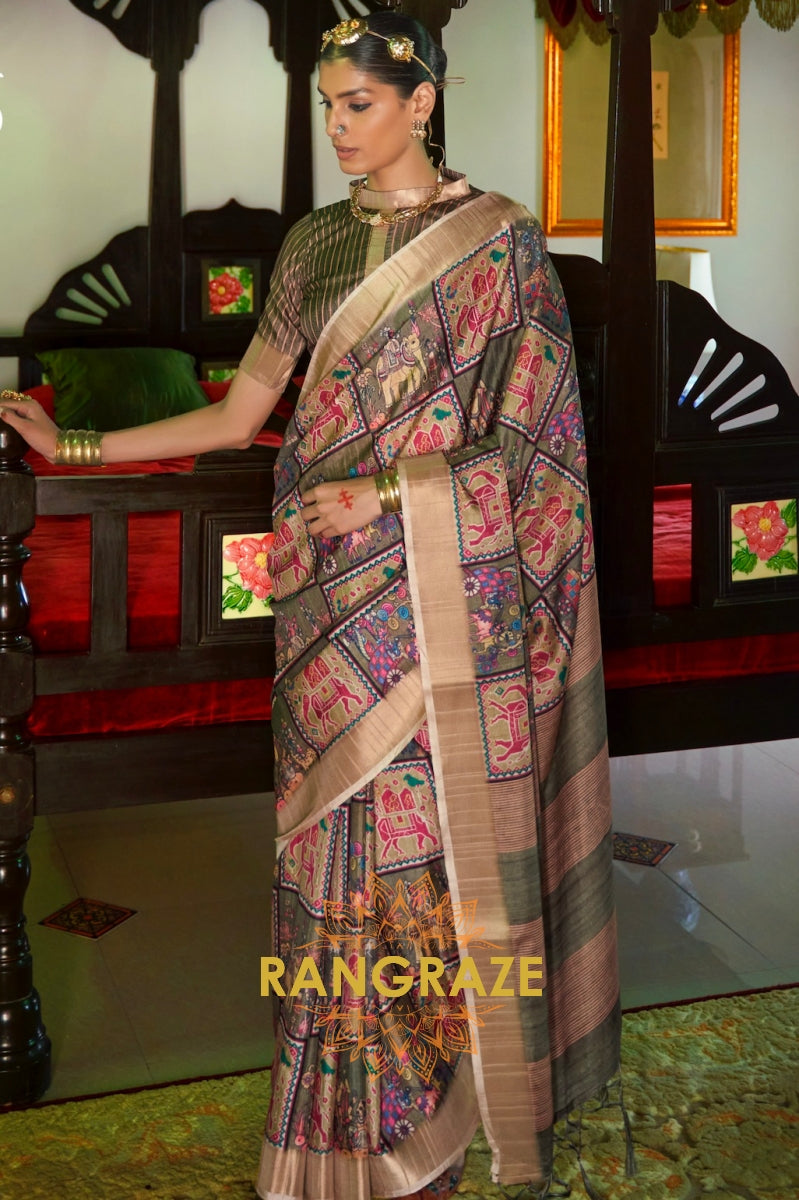 Grey And Brown Printed Designer Silk Saree