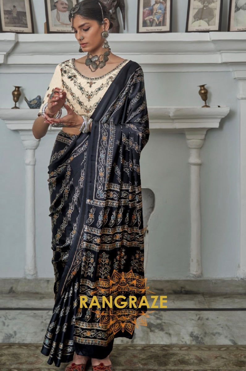 Mystic Black Gajji Silk Printed Designer Saree