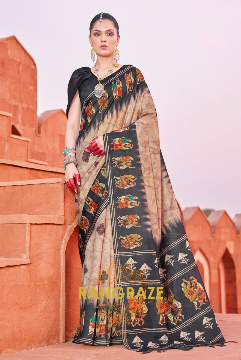 Brown Tusser Silk Multi Shade Printed Saree