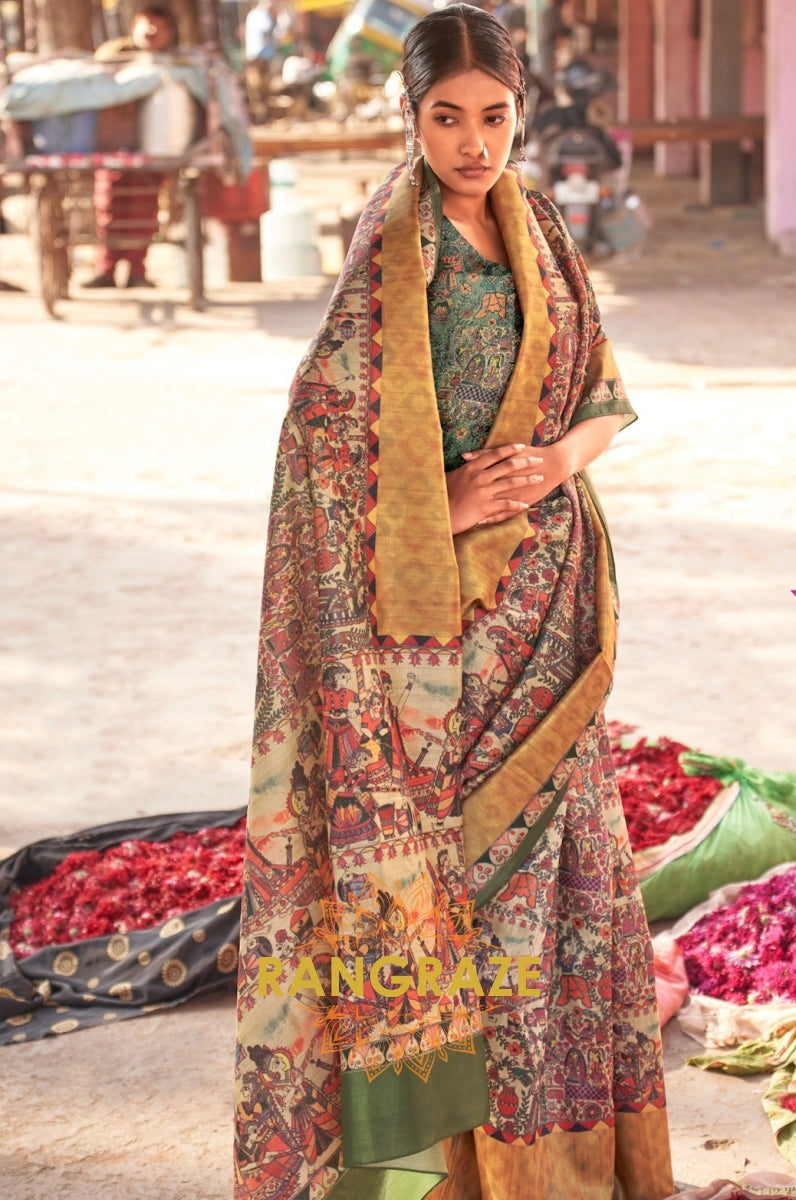 Brown And Yellow Multi Shade Designer Saree With Floral City Theme