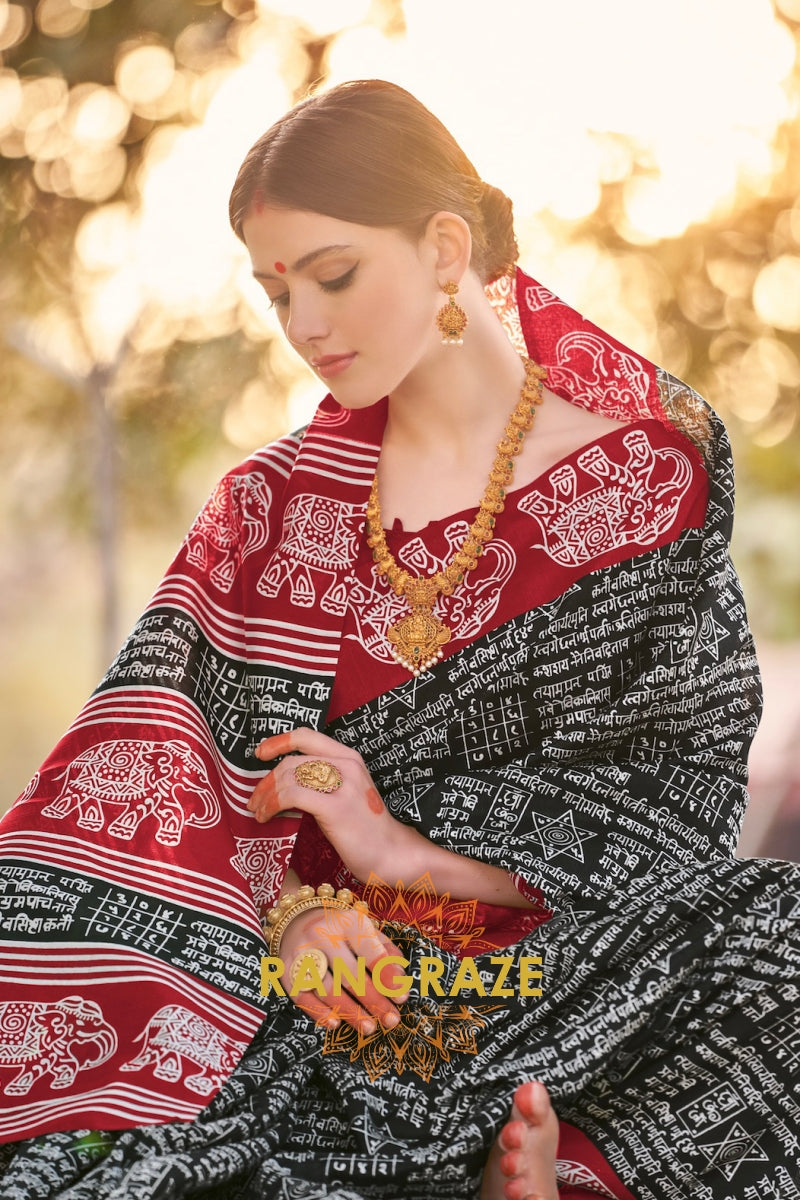 Ethereal Maroon Black Bhagalpuri Silk Printed Saree