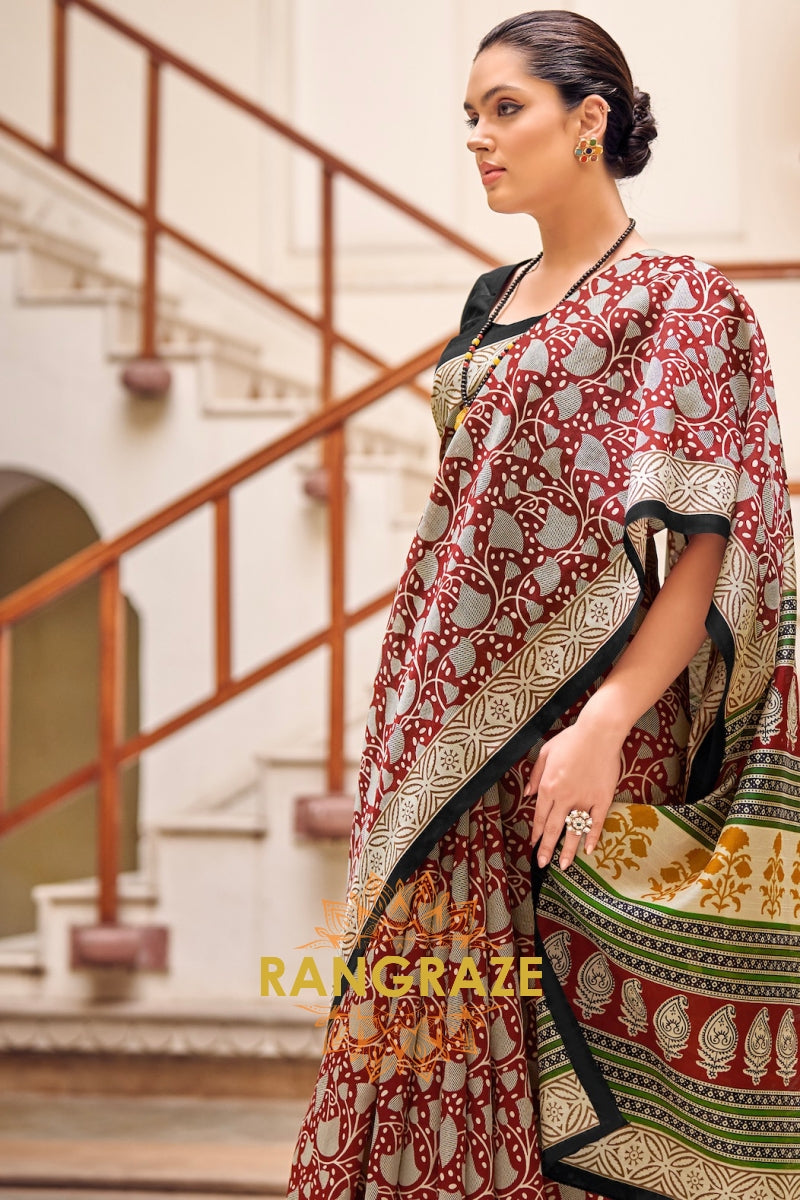 Elegant Maroon Red Bhagalpuri Silk Printed Saree