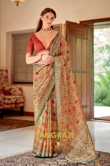 Imperial Beige Brown Pure Banarasi Zari Silk Printed Saree