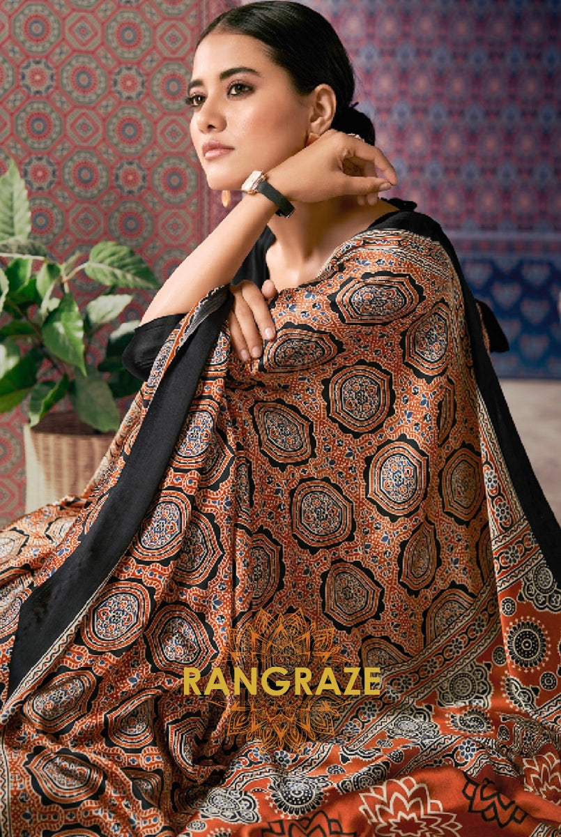 Majestic Orange Satin Silk Ajrakh Print Saree