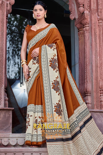 Luxurious Brown Bhagalpuri Silk Printed Saree