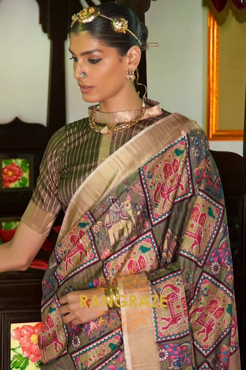 Grey And Brown Printed Designer Silk Saree