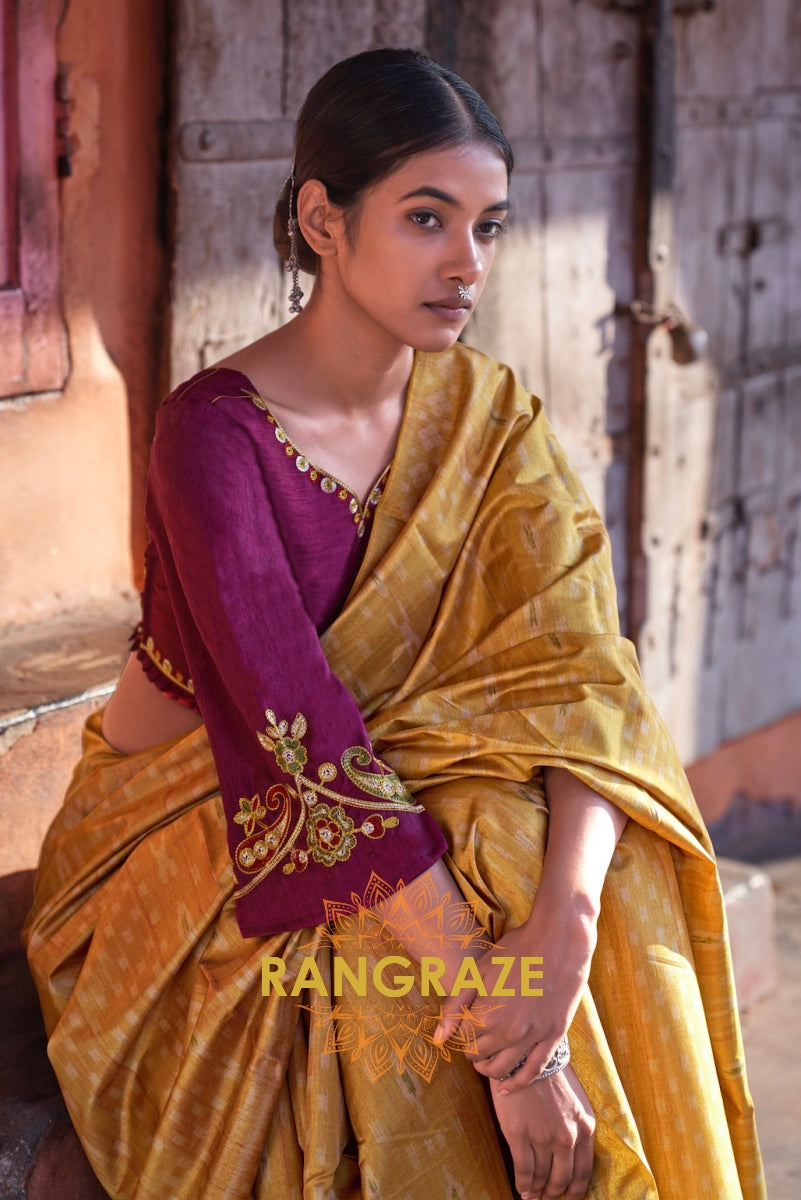 Golden Designer Saree With Pink City Theme