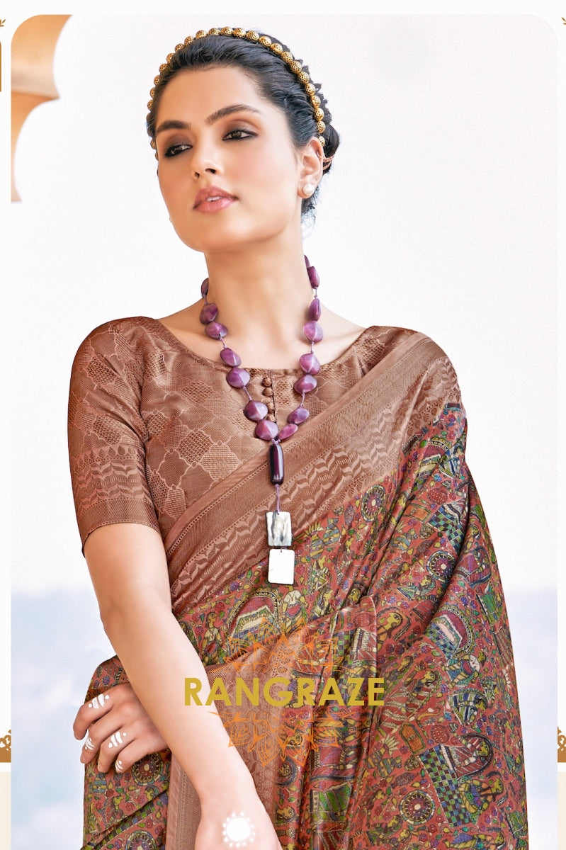 Metal Brown Bamboo Silk Weaving Printed Saree