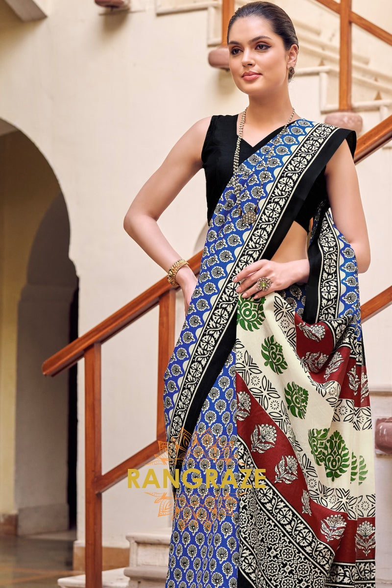 Elegant Cobalt Blue Bhagalpuri Silk Printed Saree