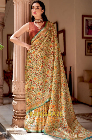 Imperial Beige Teal Green Pure Banarasi Zari Silk Printed Saree