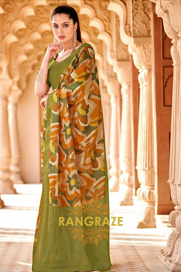 Grey Brown Cotton Satin Silk Printed Saree