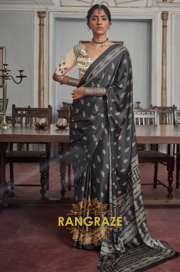 Majestic Black Gajji Silk Printed Designer Saree